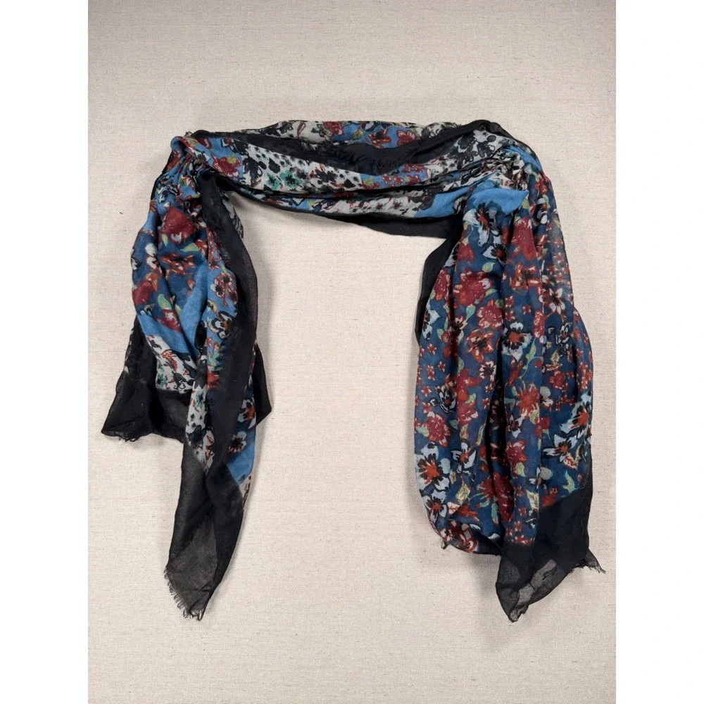 Floral Paneled Lightweight Scarf Blue Red Black Frayed Eyelash Hem Accessory
